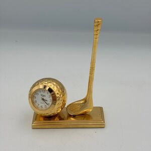 Vintage Elgin Gold Tone Golf Ball and Club Miniature Quartz‎ Desk Clock